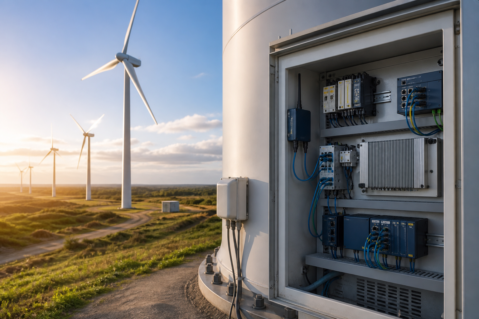 Wind power application with turbines and an industrial automation control cabinet