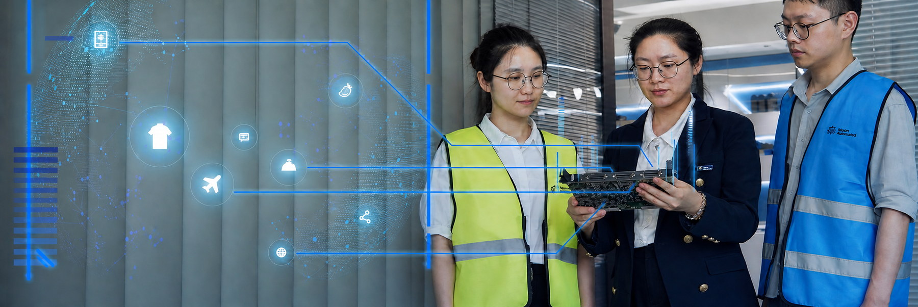 Leonia and the Moore Automated engineering team reviewing industrial monitoring hardware
