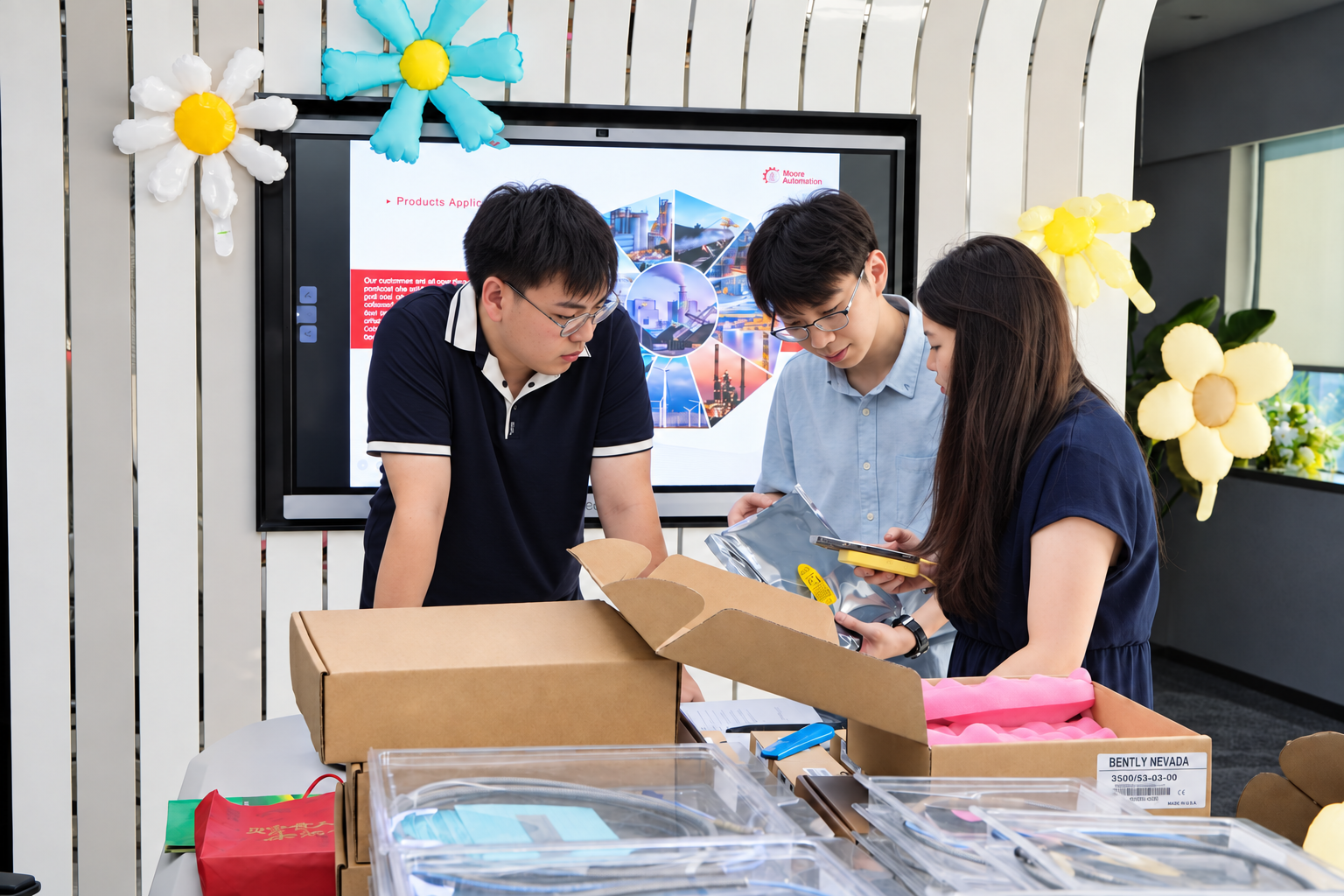 Leonia and colleagues organising Bently Nevada products for the Malaysian customer's inspection