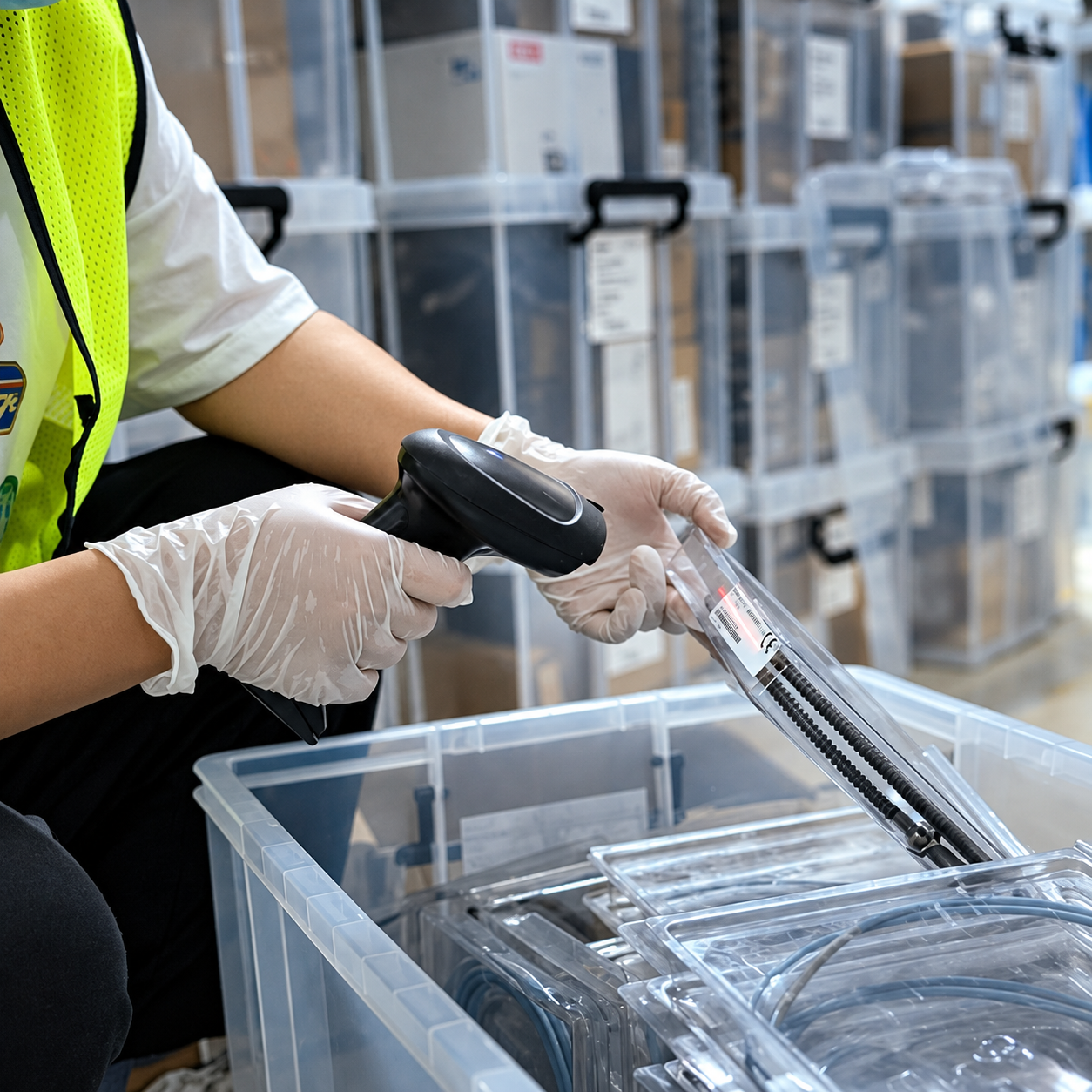 Warehouse team scanning the label of an industrial automation component for part-number verification