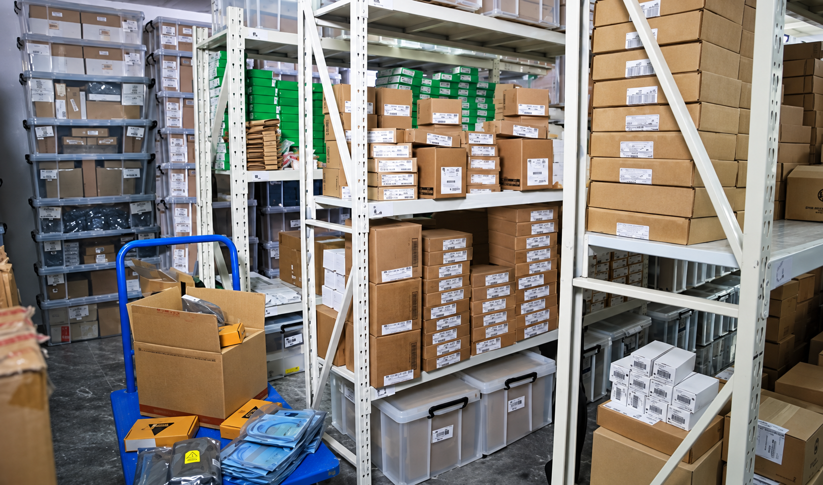 Organised warehouse stock of industrial automation spare parts