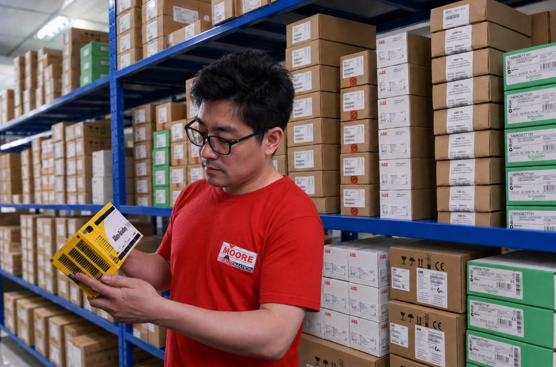 AI-edited illustration based on a Moore warehouse photograph, showing component identification with the person's facial features altered