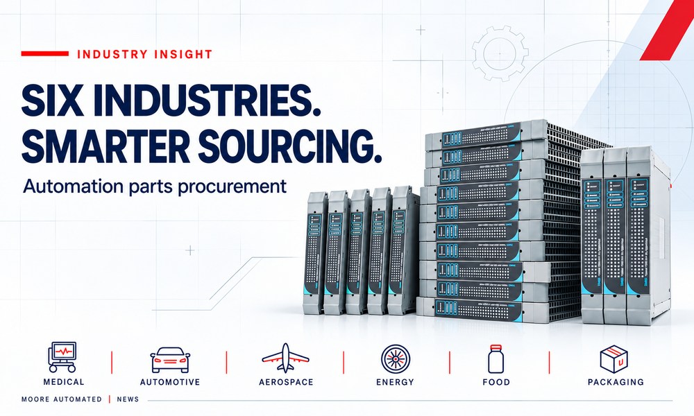 Six-industry automation parts procurement poster with industrial I/O modules and medical, automotive, aerospace, energy, food and packaging icons