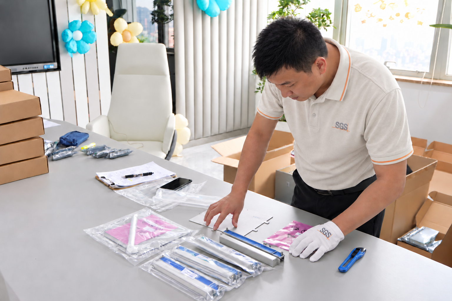 SGS inspector handling a Bently Nevada 3500 Monitoring System module card with an SGS-branded glove
