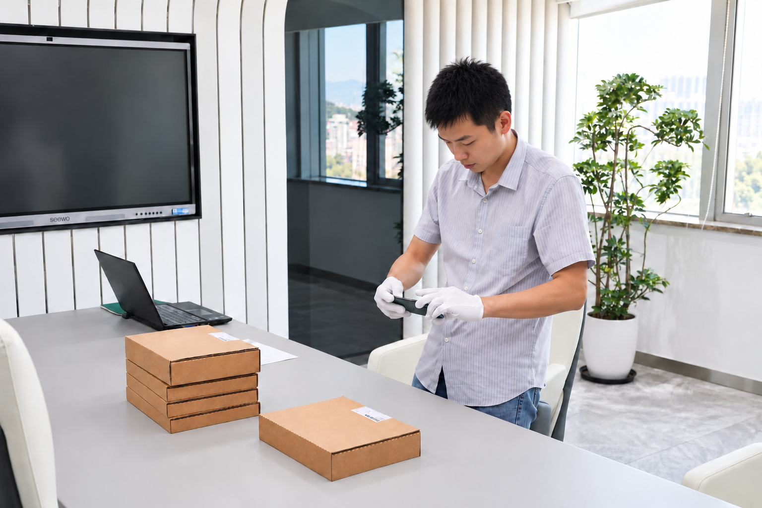 Third-party inspector photographing the prepared Siemens cartons at Moore Automated