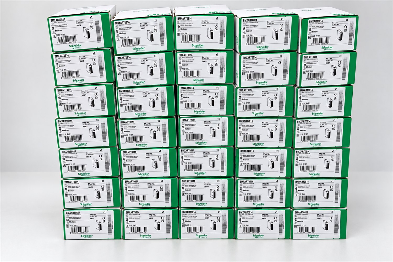 Bright, professionally documented batch of Schneider BMXART0814 Modicon X80 modules with visible carton labels