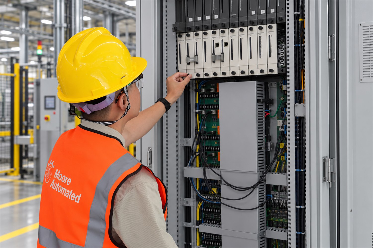 Moore Automated technician in a high-visibility vest and hard hat reviewing a control cabinet in a professional industrial facility