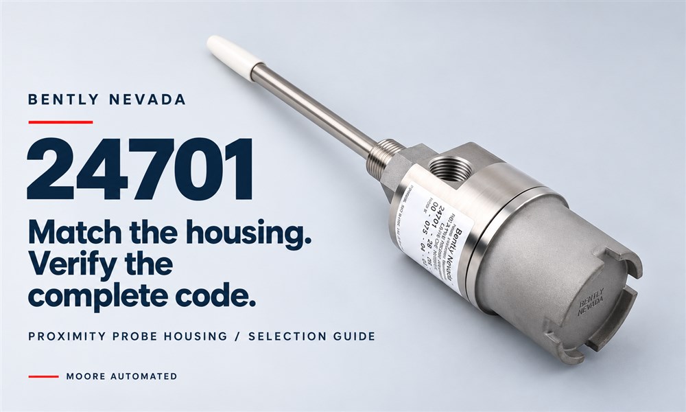 Bently Nevada 24701 selection guide with a supplied photograph of a stainless-steel proximity probe housing