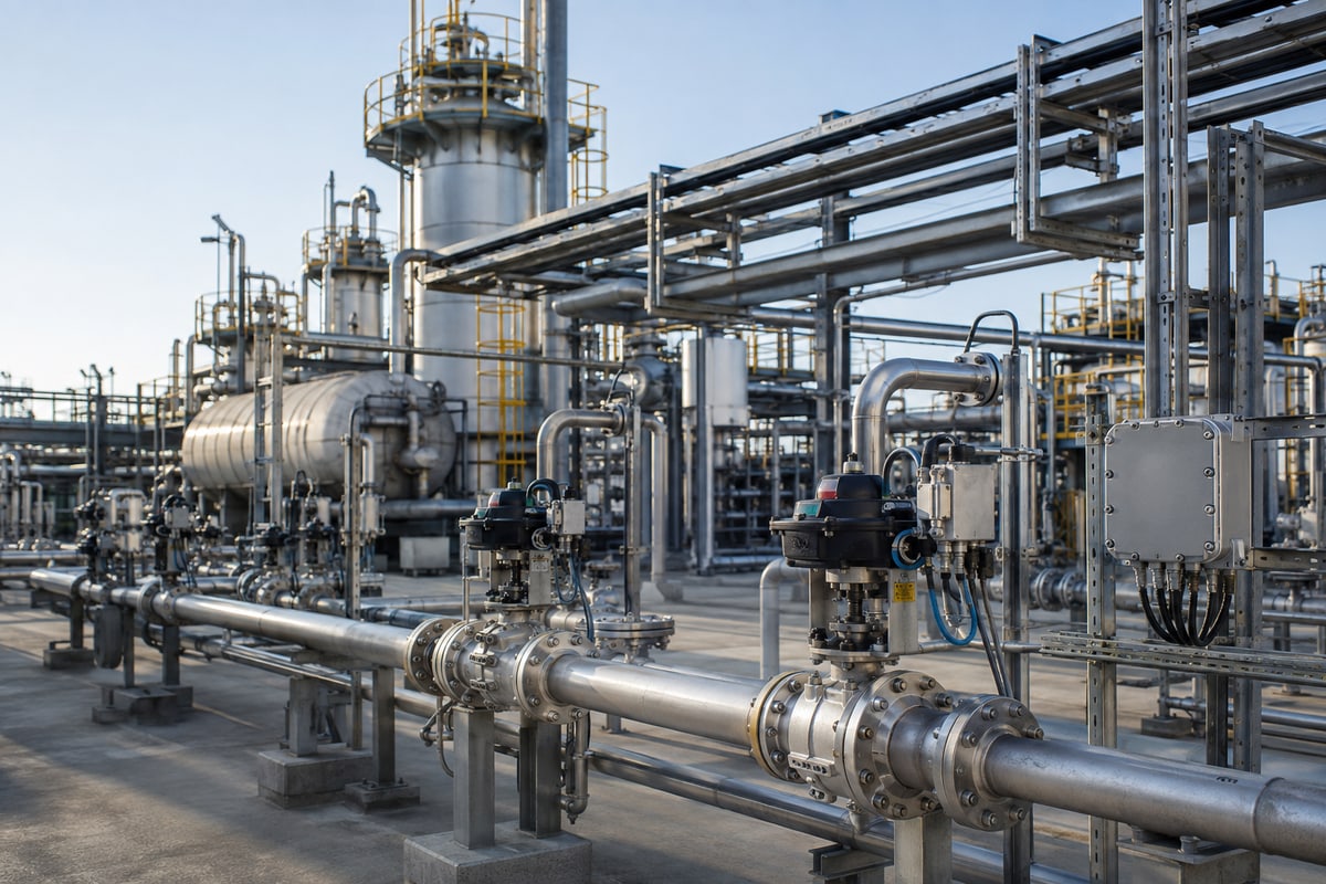 AI-generated process plant with instrumented valves and industrial pipework