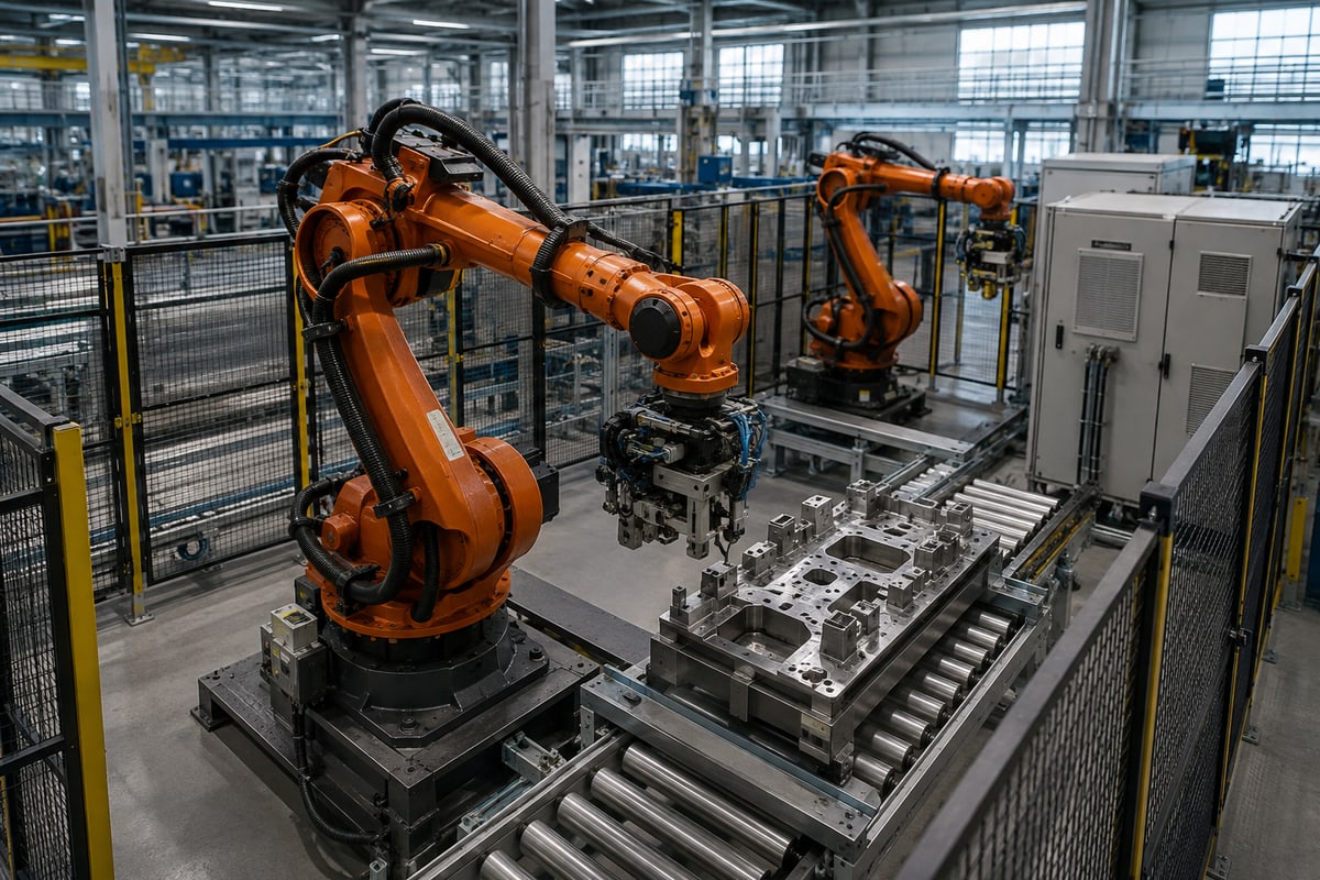 AI-generated guarded industrial robot cell with component-handling equipment