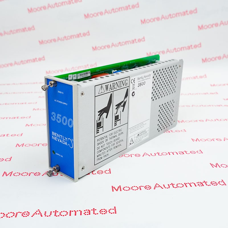 Bently Nevada 3500/15 AC power supply on a Moore Automated backdrop