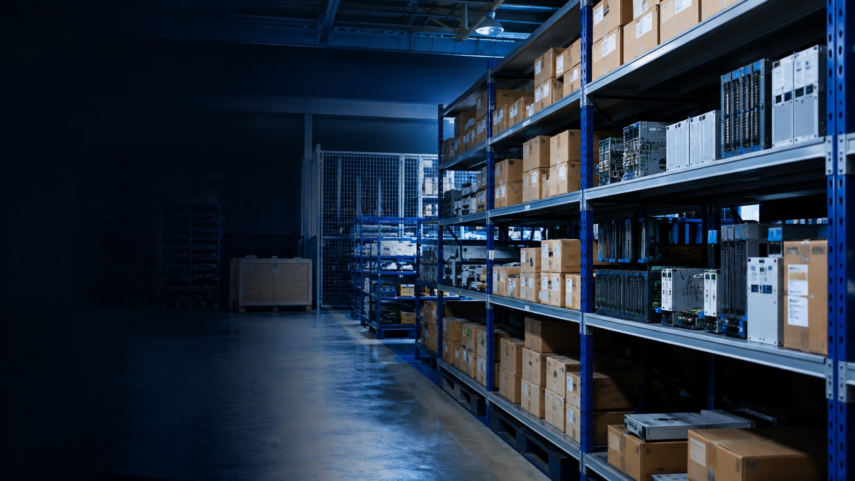 High-resolution industrial automation spare-parts warehouse illustration for GE Mark VI continuity planning