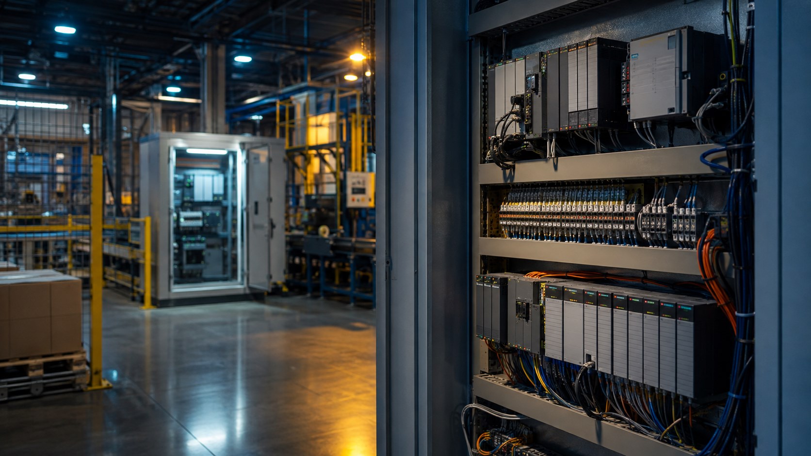 Mature modular PLC rack and modern control cabinet representing phased SLC 500 migration