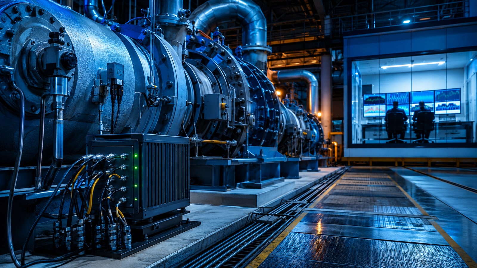 Advanced machinery monitoring hardware beside a turbine compressor train and analytics room