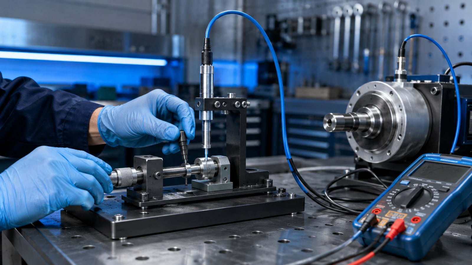 Technician verifying a proximity probe with a precision test fixture
