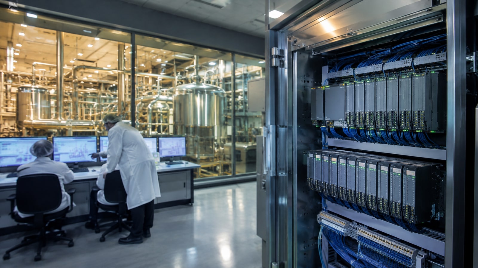 Modern process facility with a modular DCS cabinet and control-room team