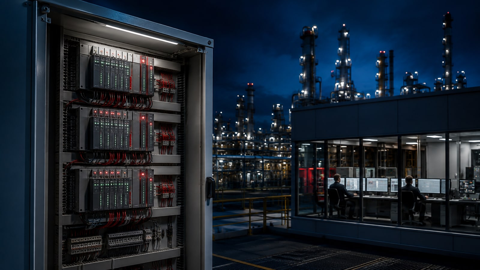 Triple-redundant safety controller cabinet beside a refinery control room