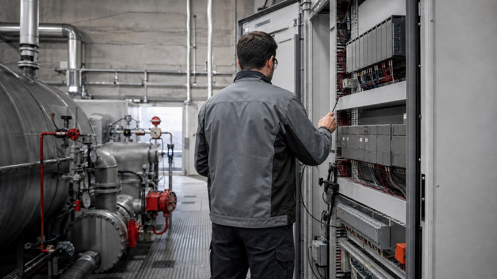 Engineer tracing connections in a gray legacy controller cabinet inside a process plant