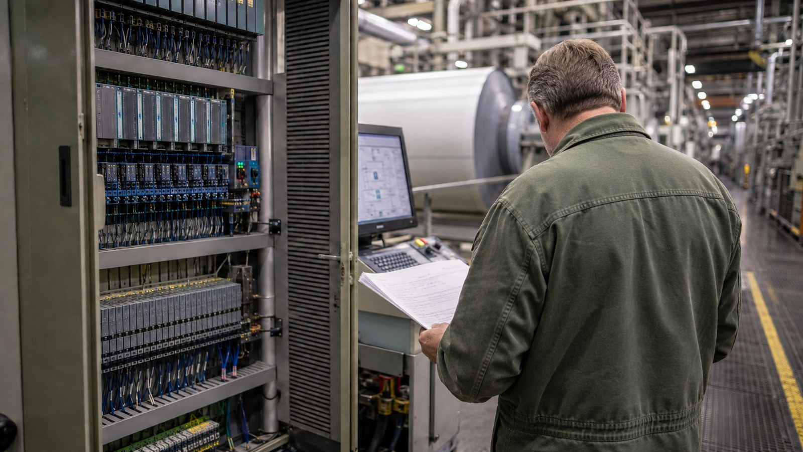 Engineer reviewing documentation beside a mature DCS cabinet in a process plant