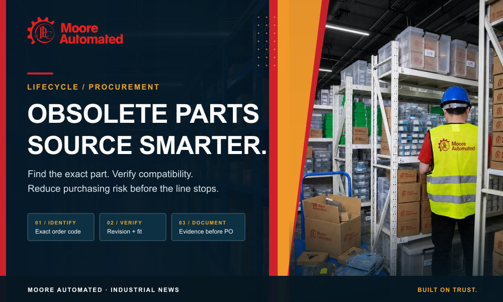 Technician verifying a scarce industrial automation module in a legacy-parts warehouse