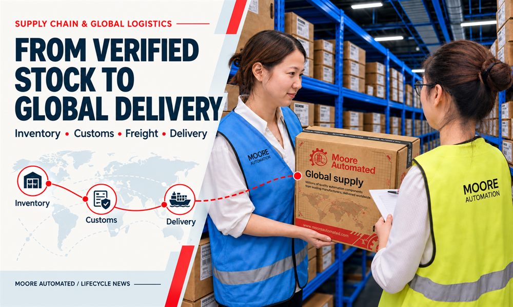 Moore Automated staff preparing an industrial automation parts shipment for global delivery