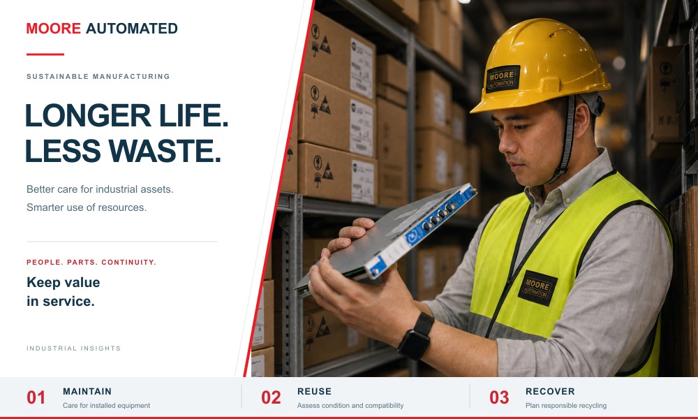 Warehouse team member holding an industrial automation module beside stocked shelves; sustainable manufacturing feature poster