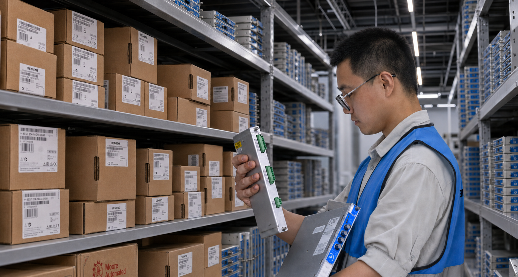 Warehouse specialist checking industrial automation components beside organized spare-parts inventory