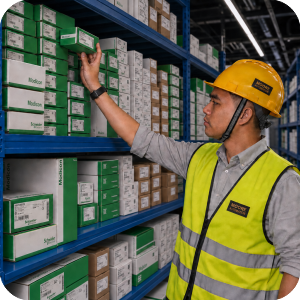 Warehouse technician reviewing automation-parts boxes on storage shelves