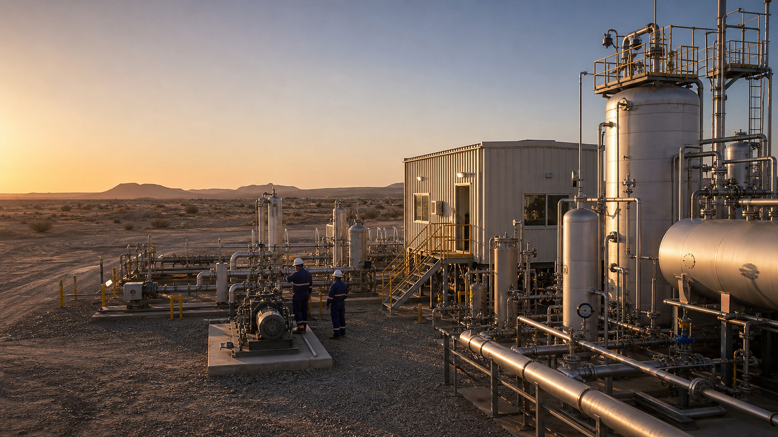 Oil production and processing facility in an arid industrial environment