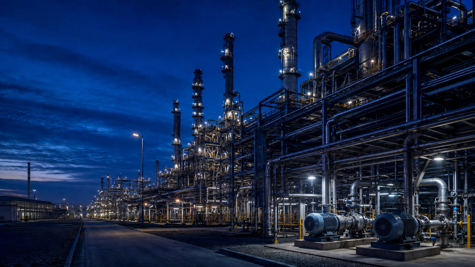 AI-generated process plant at blue hour with industrial pumps, motors and pipework