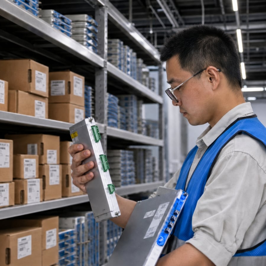 Staff member reviewing an automation component at warehouse shelving; original article photograph enhanced with AI