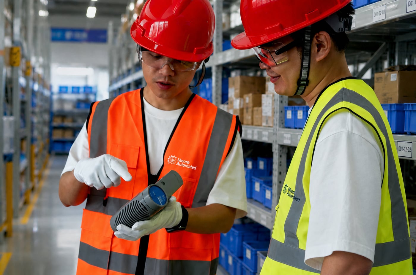 Two technicians in Moore-branded safety vests reviewing an automation component in a warehouse