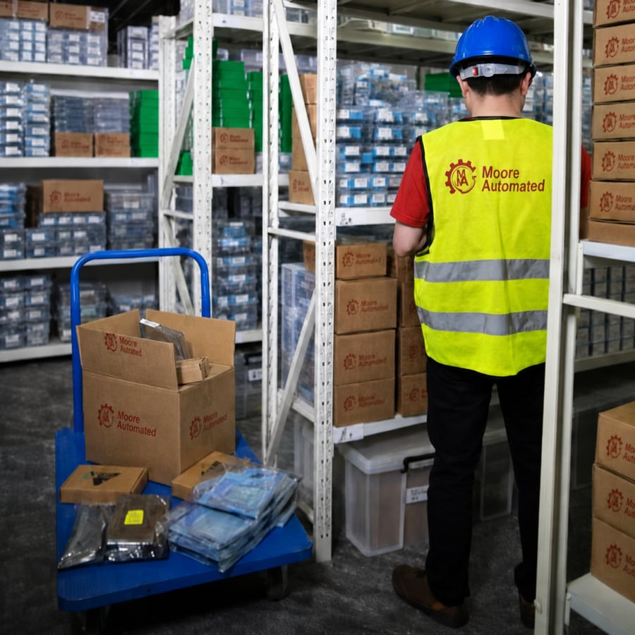 Warehouse worker, stocked shelving and trolley; original article photograph enhanced with AI