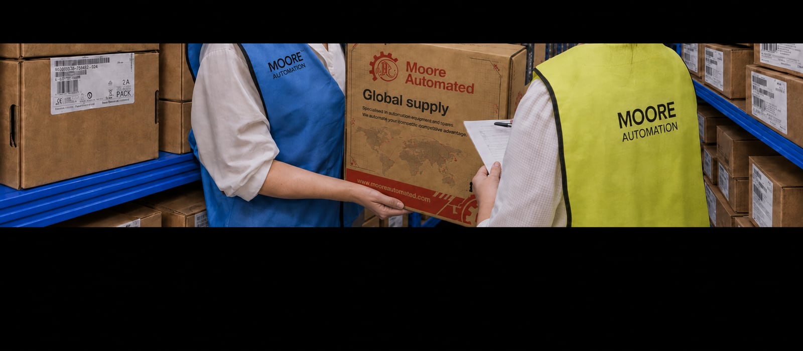 Moore Automated team handling a packed carton in a warehouse; original article photograph enhanced with AI