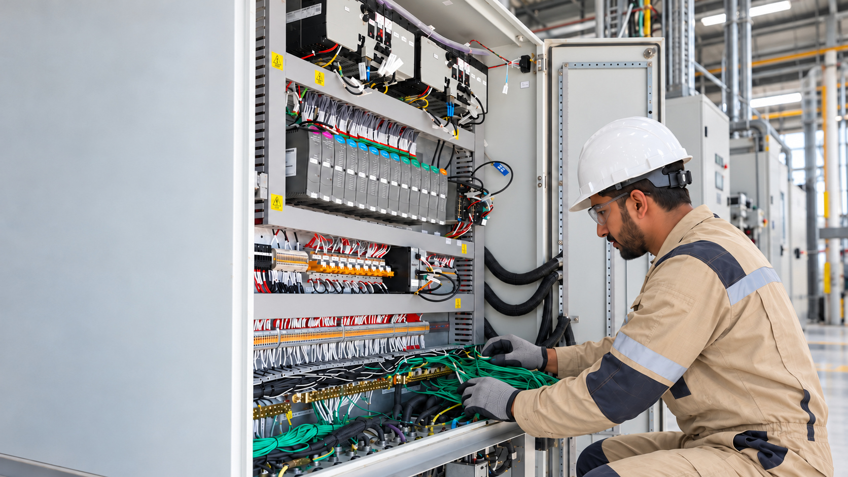 Customer technician testing installed control hardware at the customer’s factory after pickup