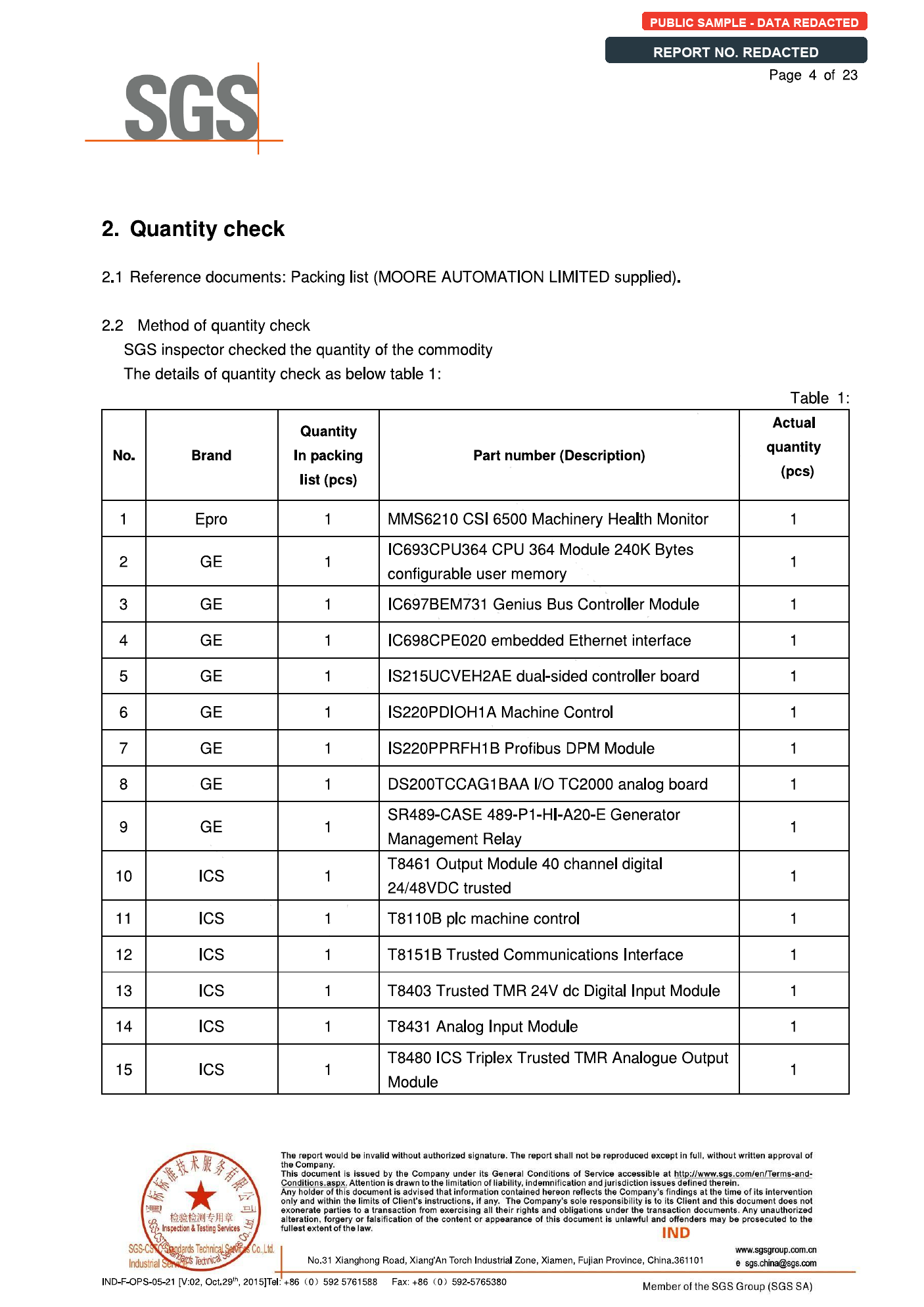 Redacted SGS inspection report page showing inspected product list items 1 to 15