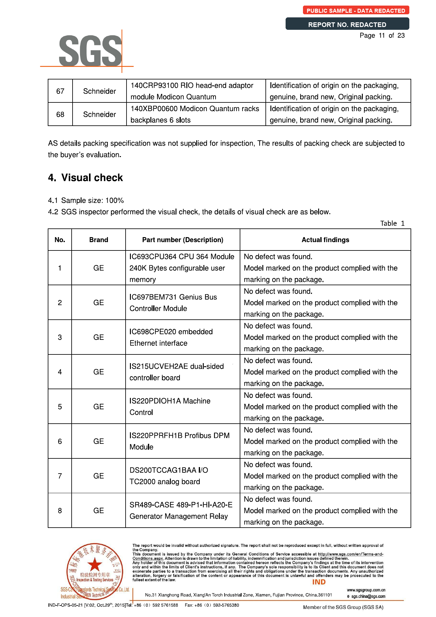 Redacted SGS inspection report page showing visual inspection findings