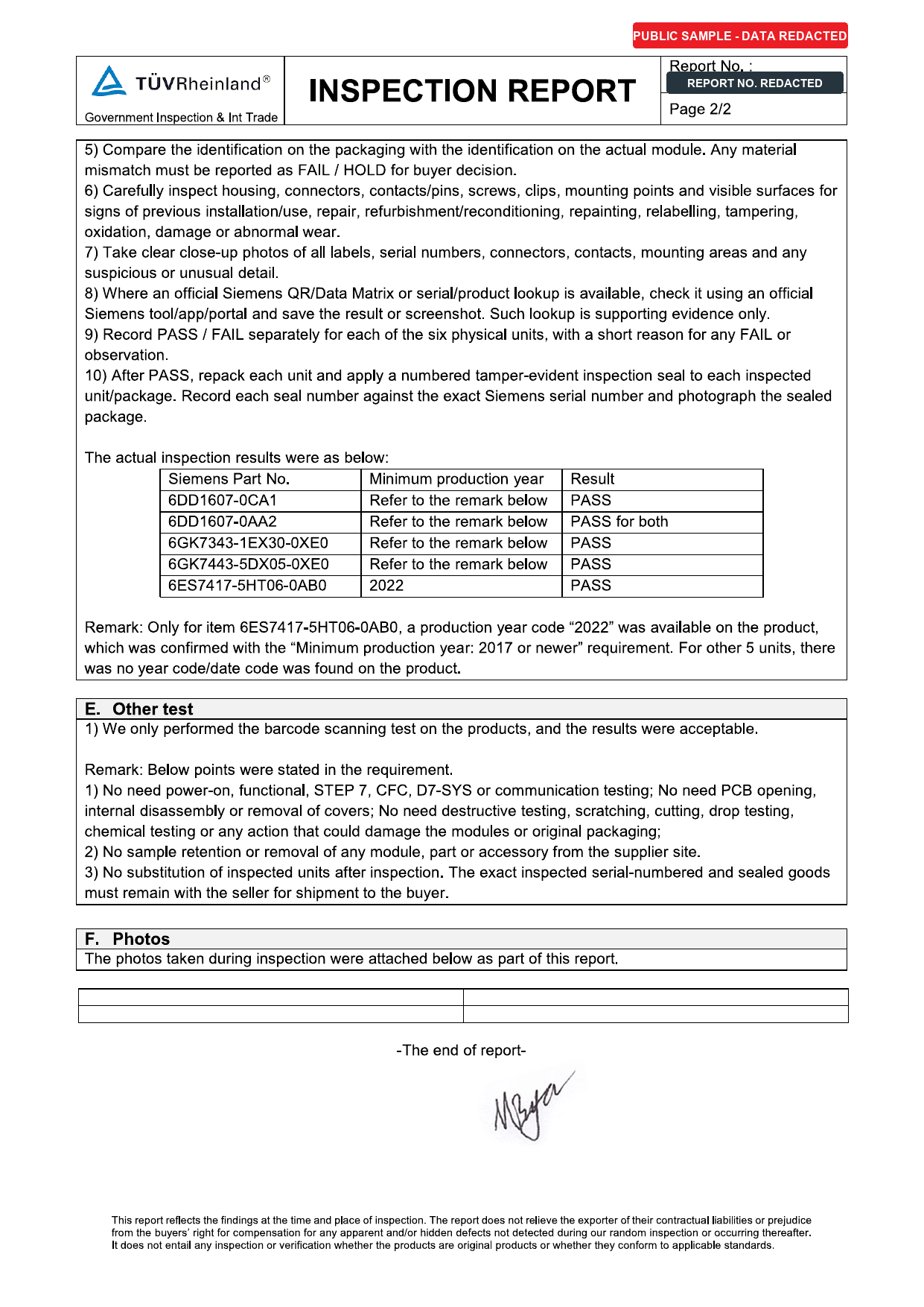 Redacted page two of the T&Uuml;V Rheinland inspection report sample