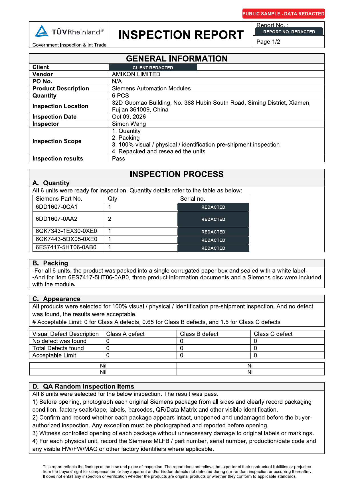 Redacted page one of the T&Uuml;V Rheinland inspection report sample