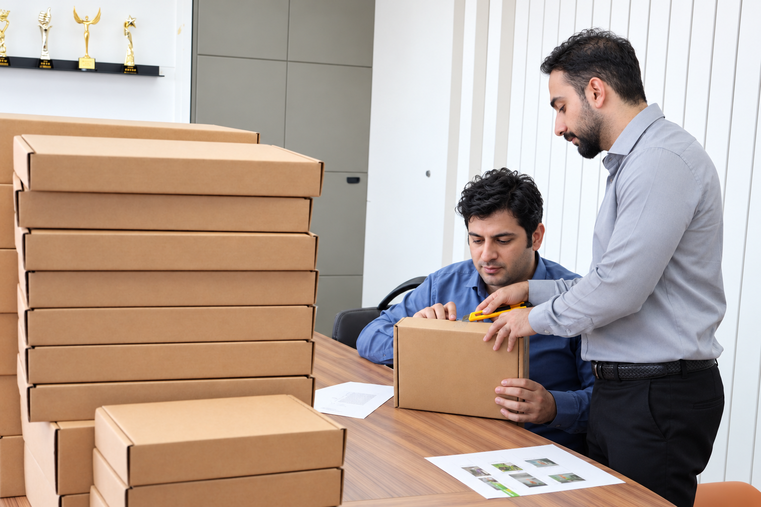Dubai visitors opening a packaged control-card item during the Xiamen visit