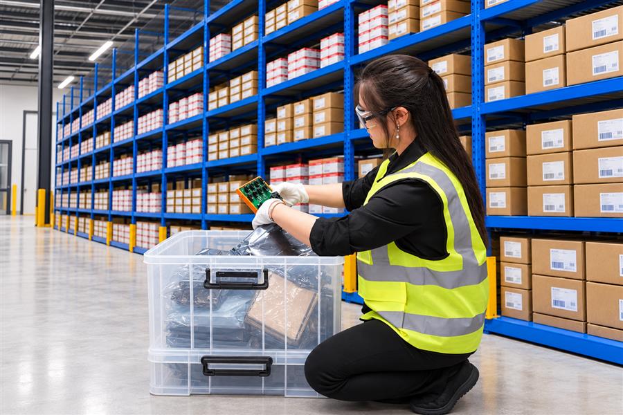 Warehouse material handling beside automation-parts shelving, enhanced from the supplied image library